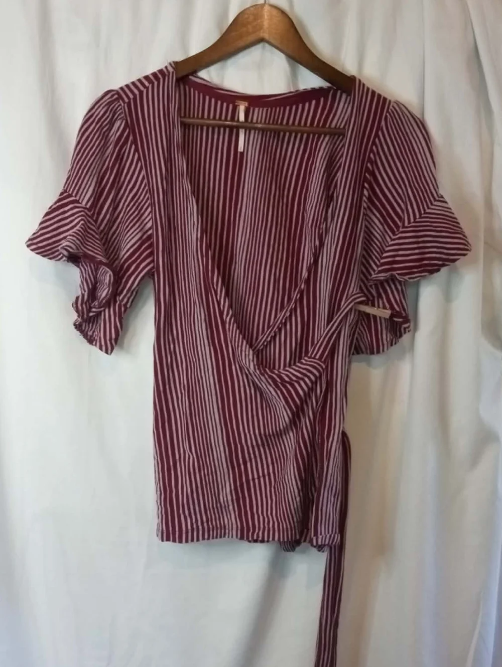 Free People Striped Wrap V-Neck Short Ruffle Sleeve Shirt Burgundy Red White